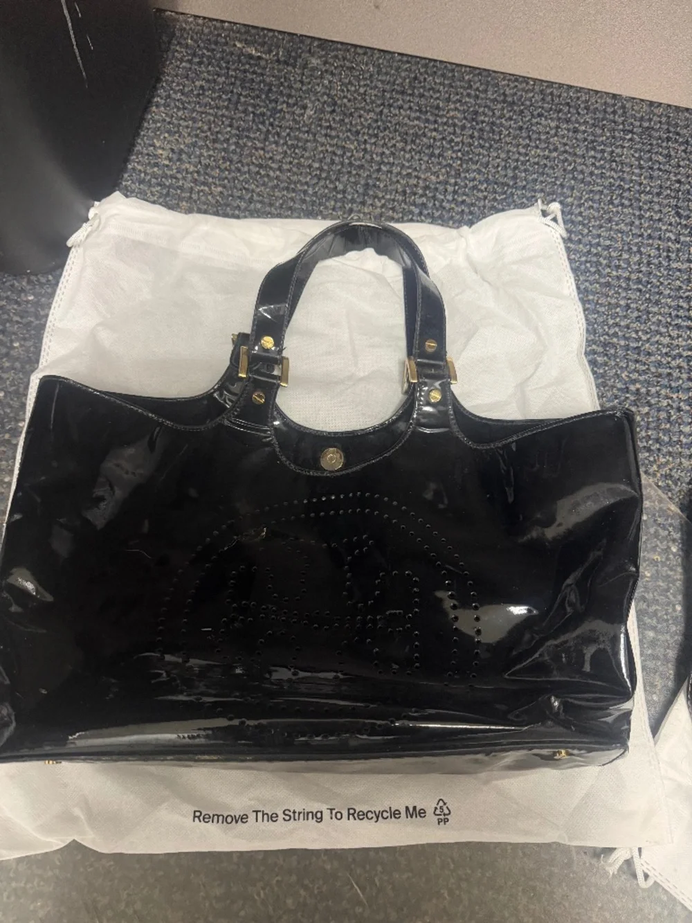 Tory Burch Black Patent Leather Perforated Tote  Bag